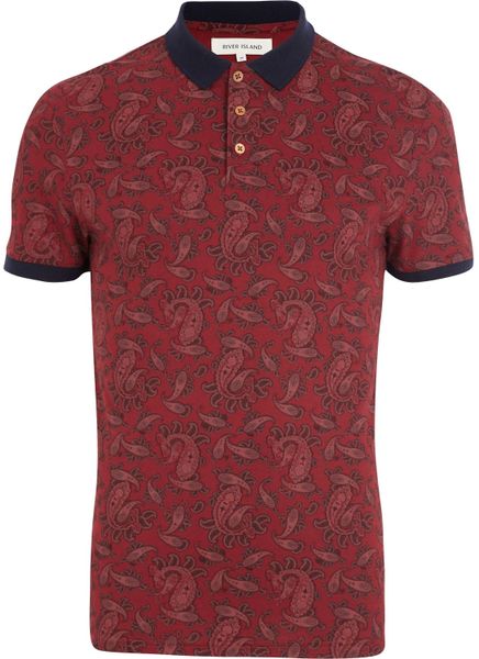 River Island Red Paisley Print Polo Shirt in Red for Men | Lyst