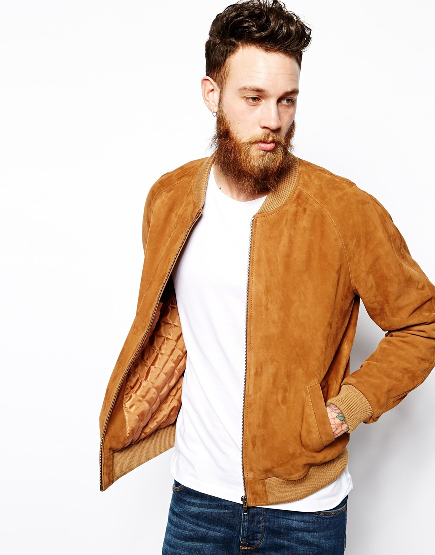 Lyst Asos Suede Bomber Jacket In Brown For Men