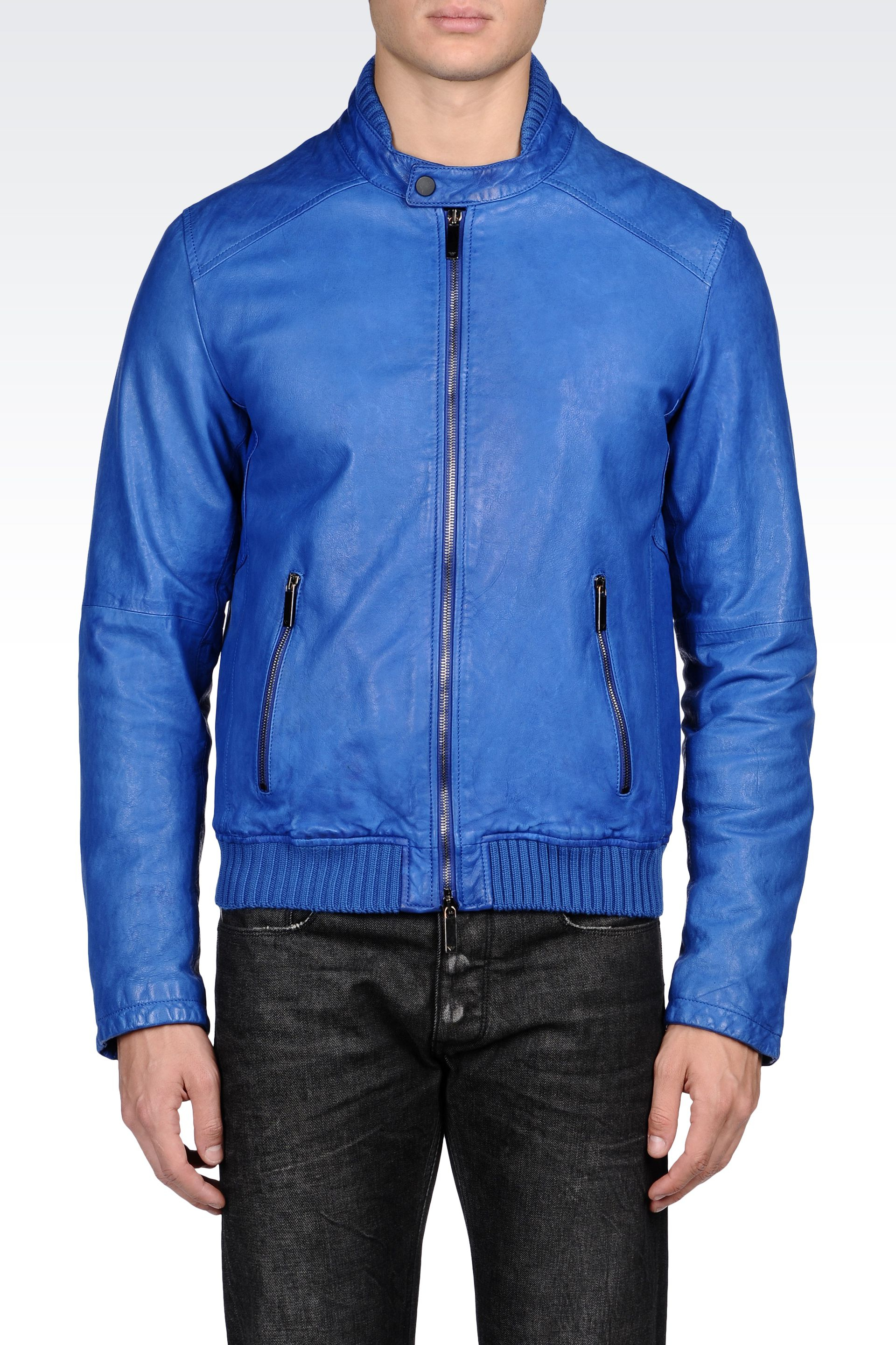 Emporio armani Nappa Leather Biker Jacket with Knit Details in Blue for ...