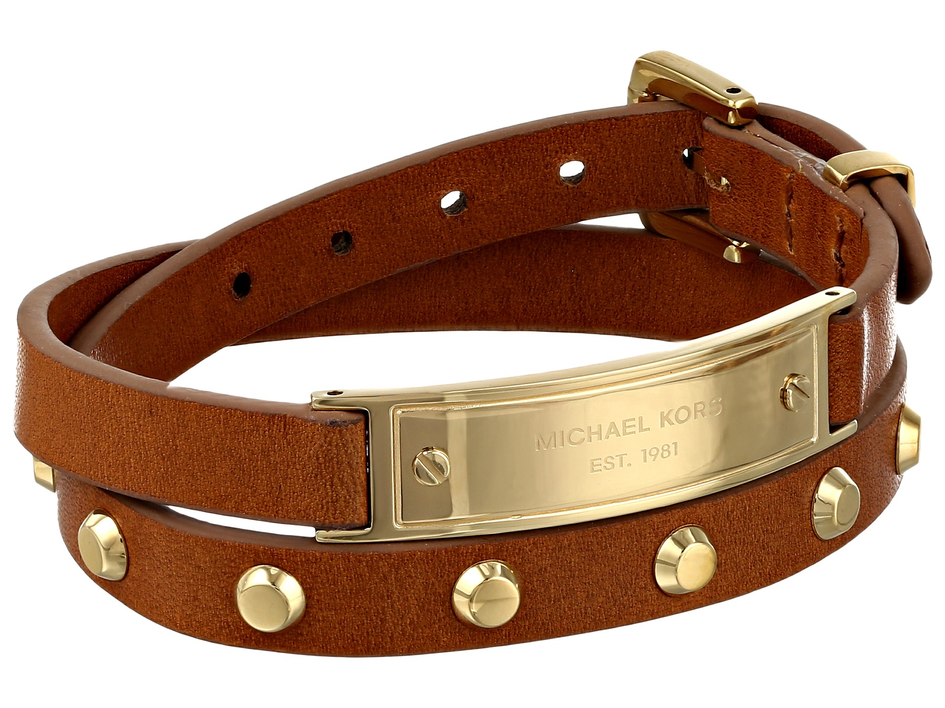 Michael kors Leather Plaque Double Wrap Bracelet with Studs in Brown