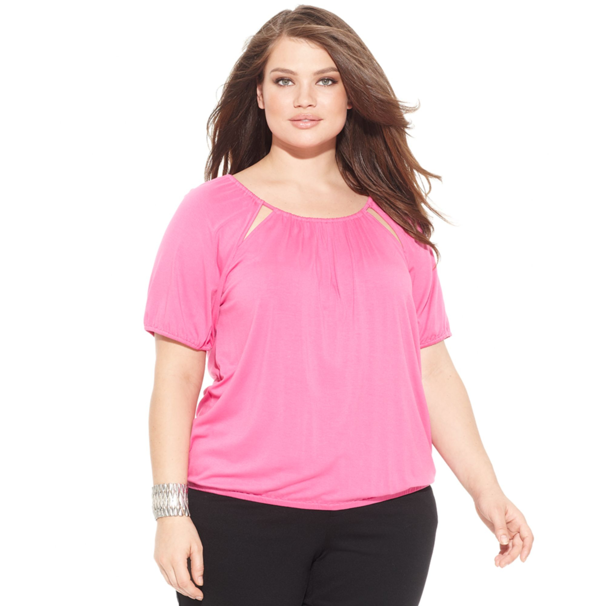 Inc International Concepts Plus Size Shortsleeve Cutout Top in Pink ...
