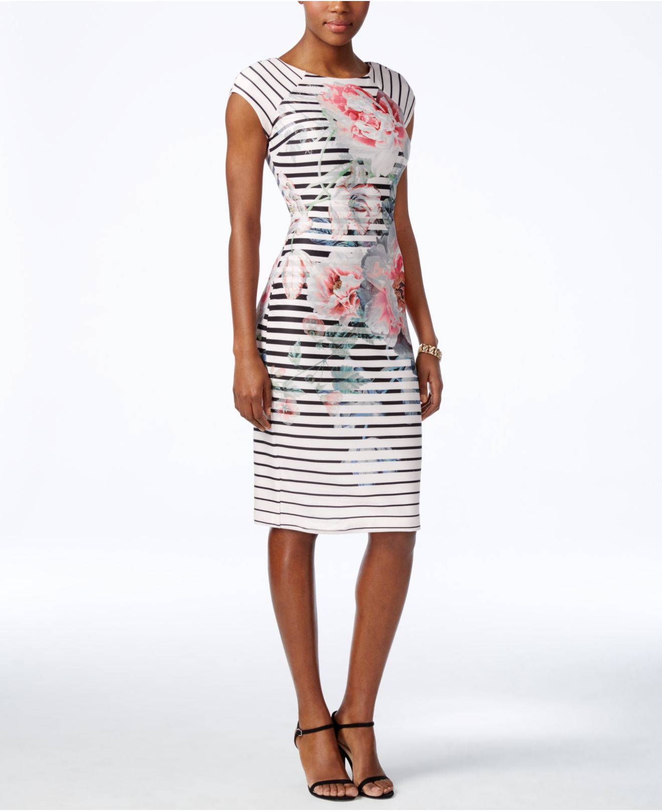Lyst Eci Striped Fl Print Scuba Dress In White Gallery