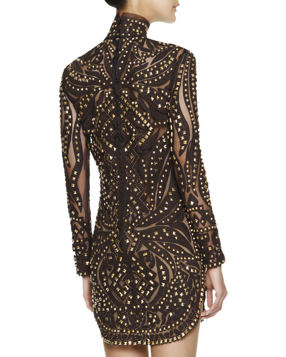 Emilio pucci Studded Leather & Lace Turtleneck Dress in Black | Lyst