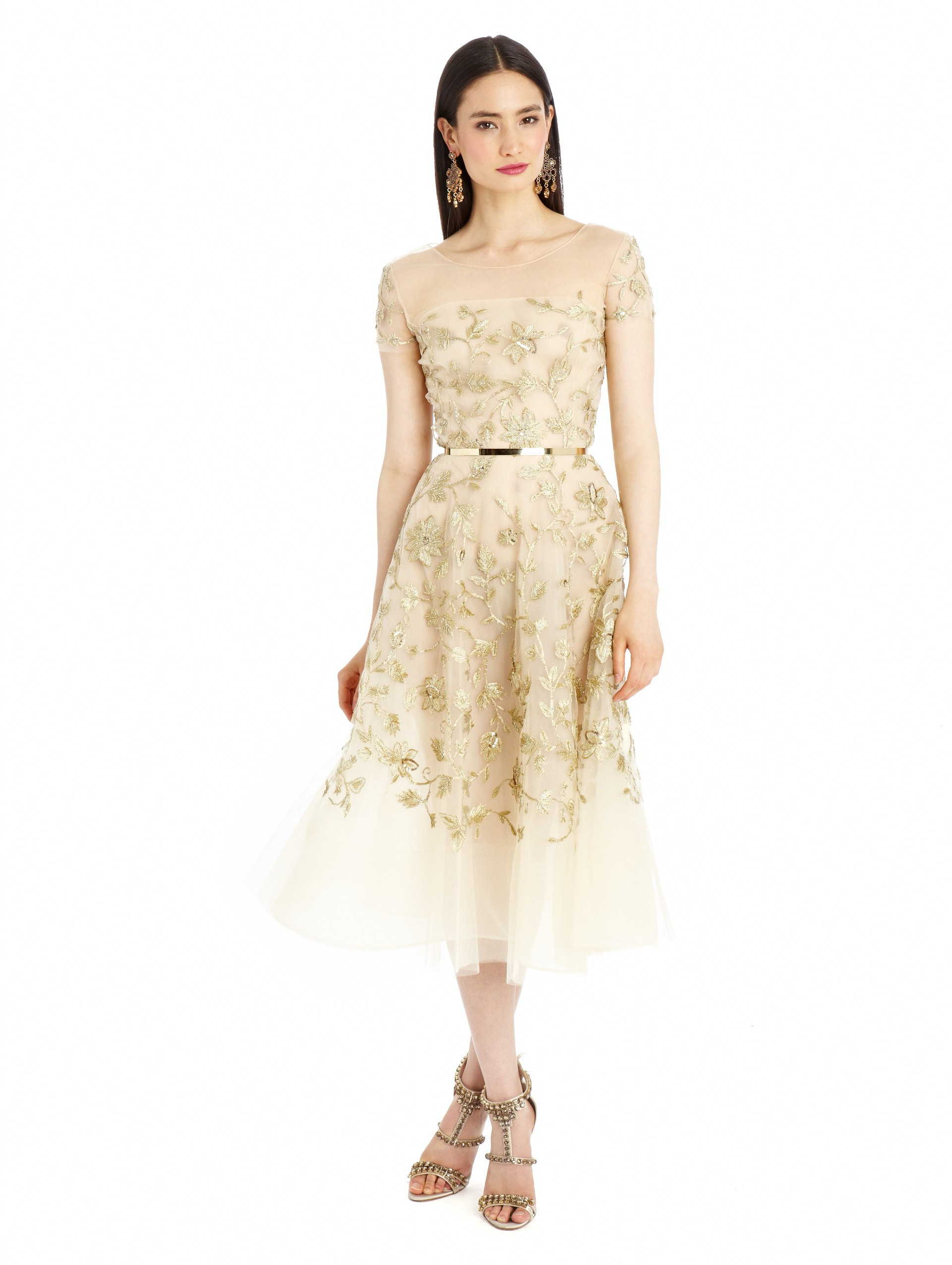 Lyst Oscar De La Renta Gold Floral Embroidered Tulle Dress In Metallic 4613
