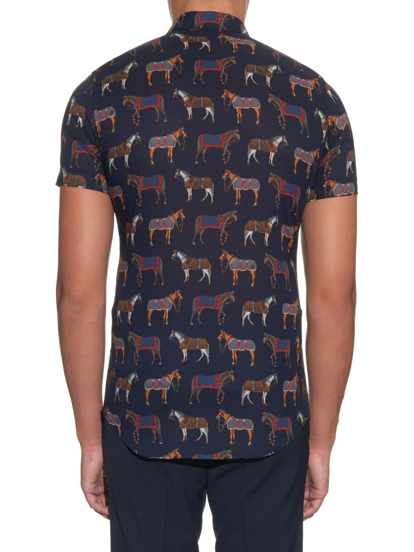 Lyst - Gucci Horse-print Cotton Shirt in Blue for Men