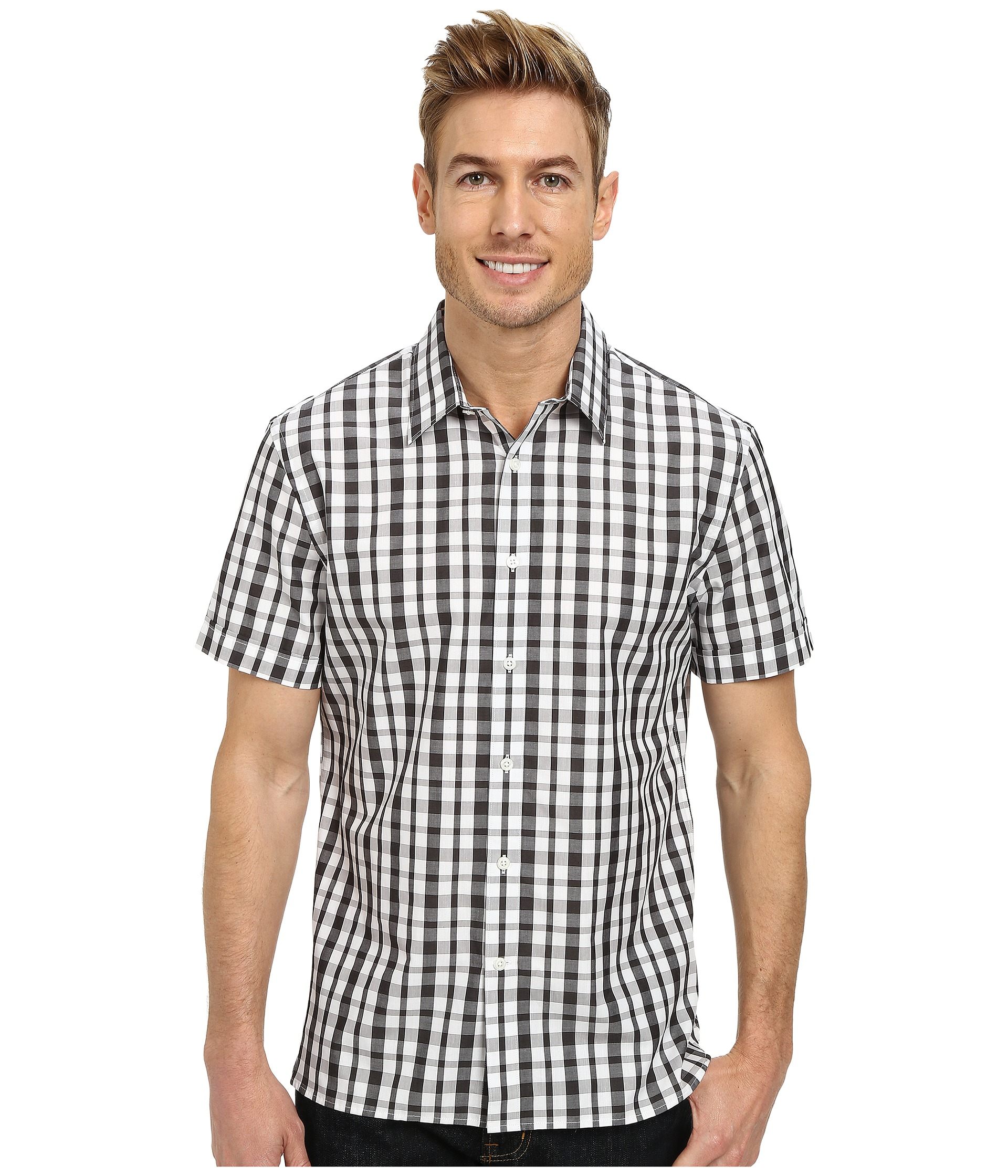 Perry ellis Short Sleeve Plaid Pattern Shirt in Black for Men ...