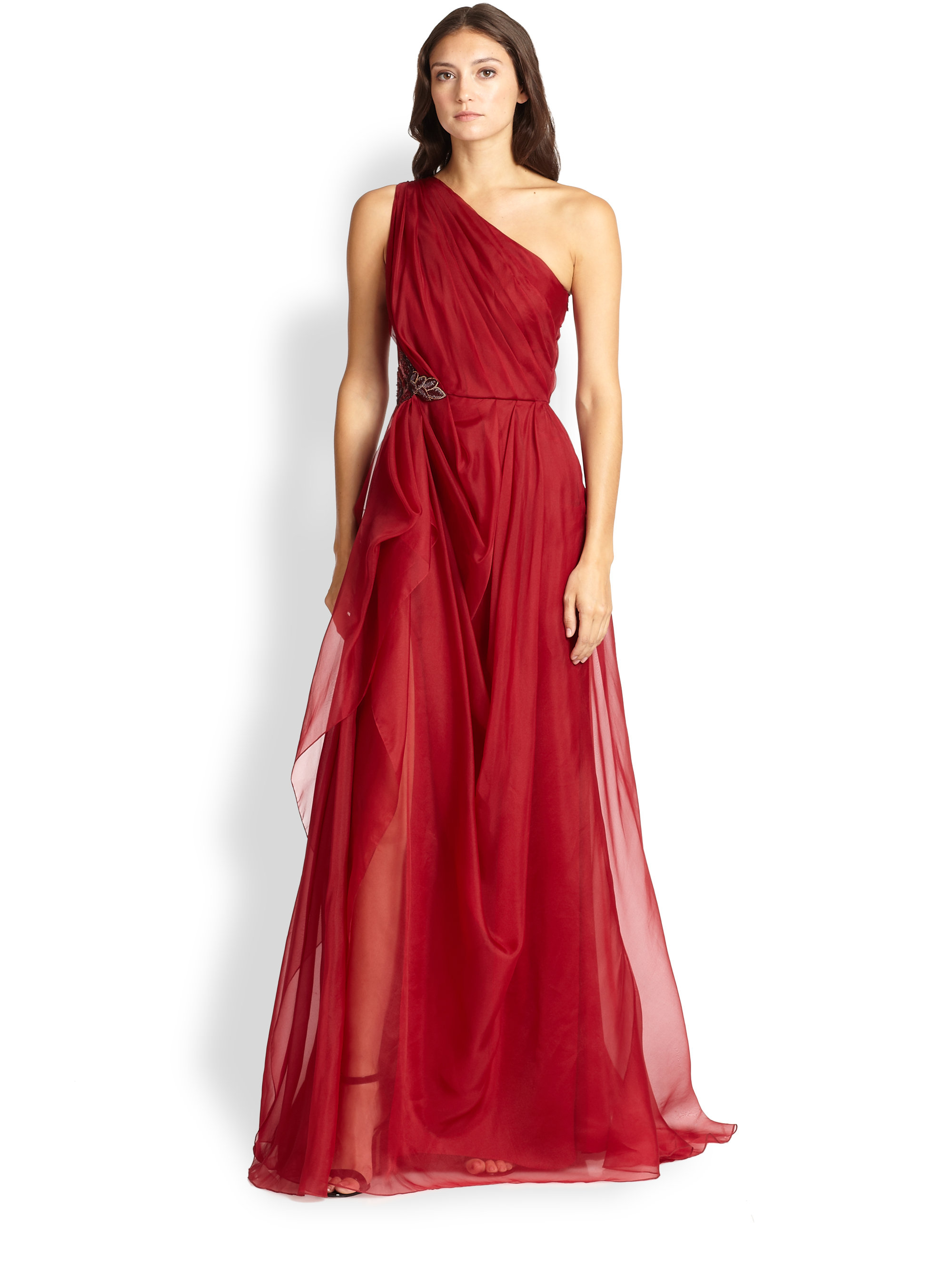 Lyst Badgley Mischka Embellished Silk Organza Gown In Red Gallery