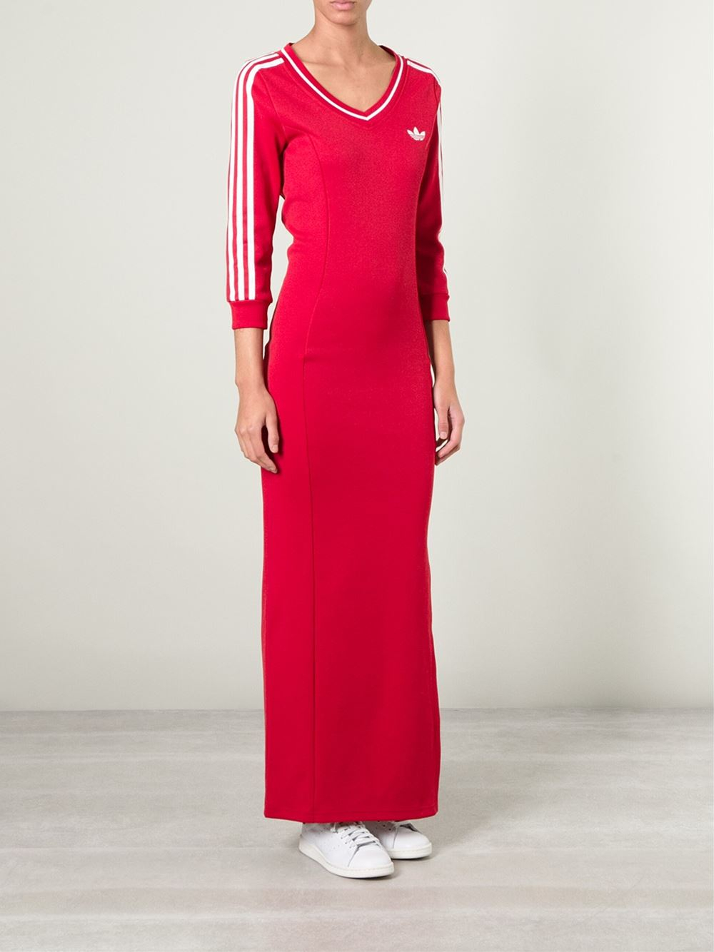 Adidas Long Line Jersey Dress in Red | Lyst