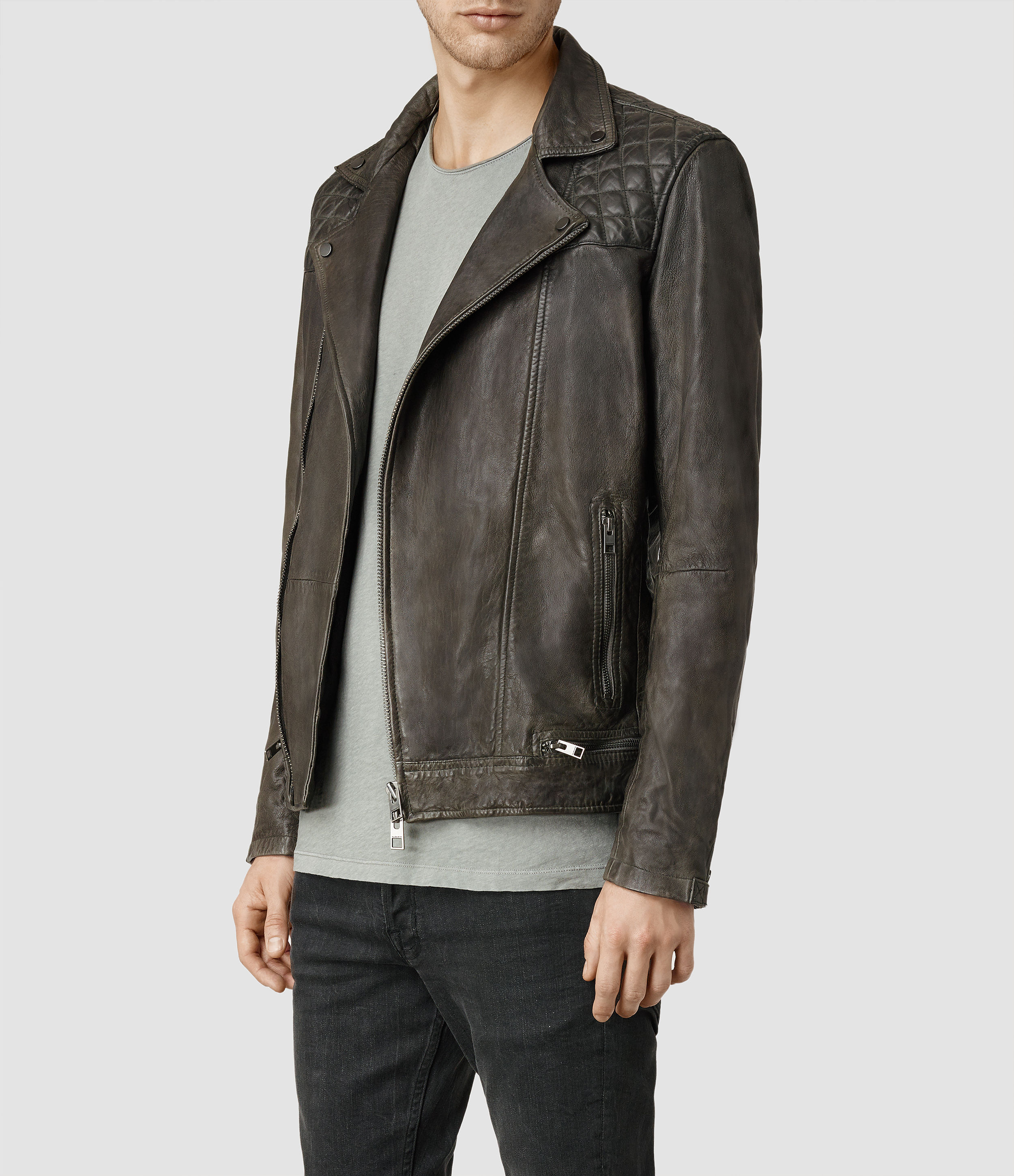 Lyst Allsaints Conroy Leather Biker Jacket In Gray For Men Gallery