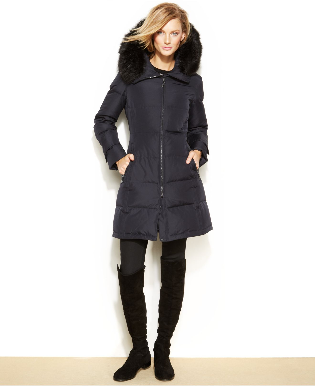 Calvin klein Hooded Faux-Fur-Trim Quilted Down Puffer Coat in Blue | Lyst