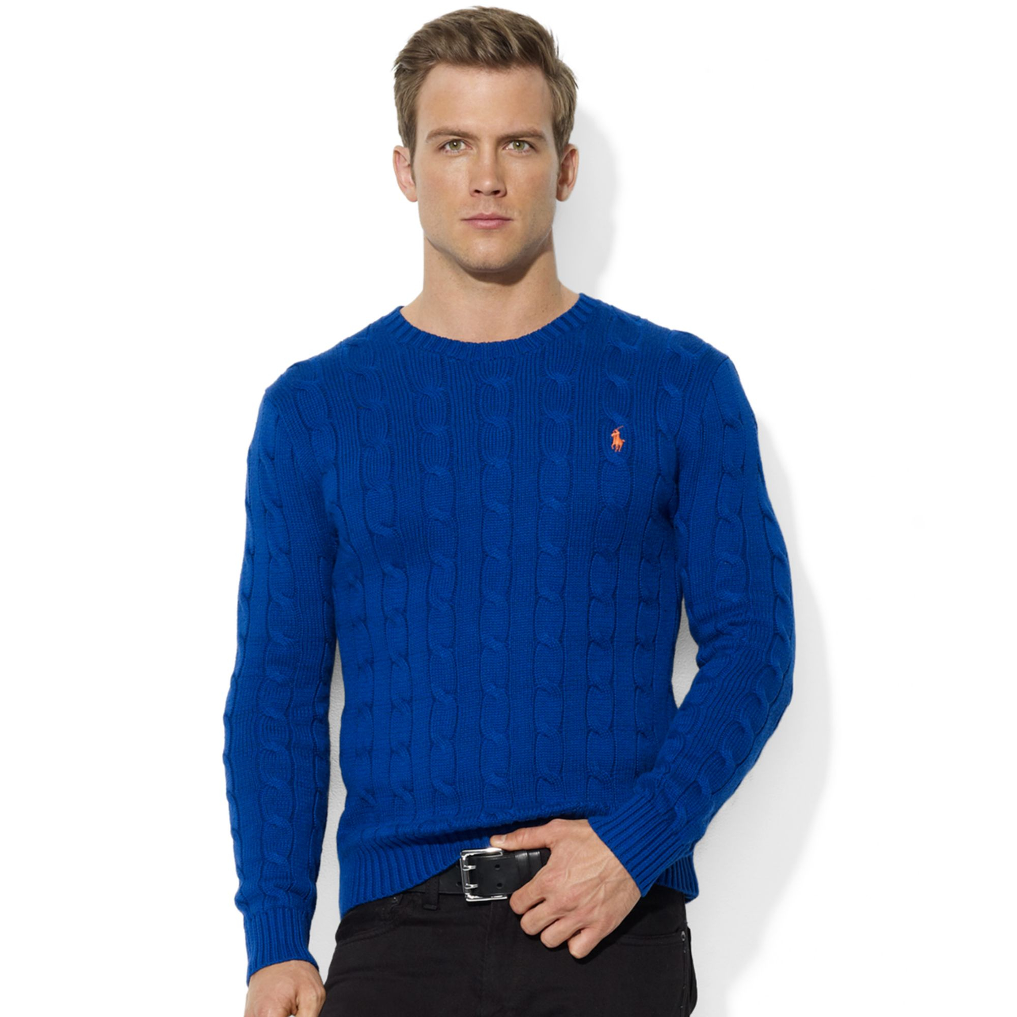 Lyst - Ralph Lauren Roving Crew Neck Cable Cotton Sweater in Blue for Men
