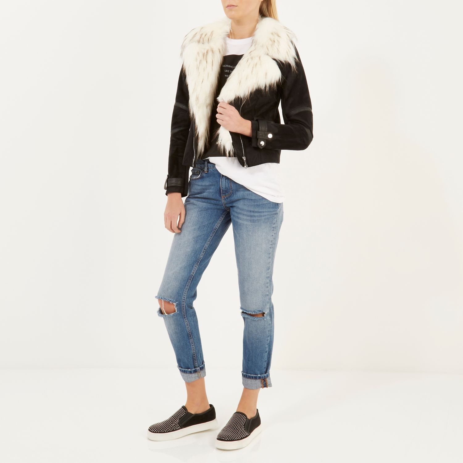 River Island Black Mock Suede Faux Fur Collar Biker Jacket In Gallery