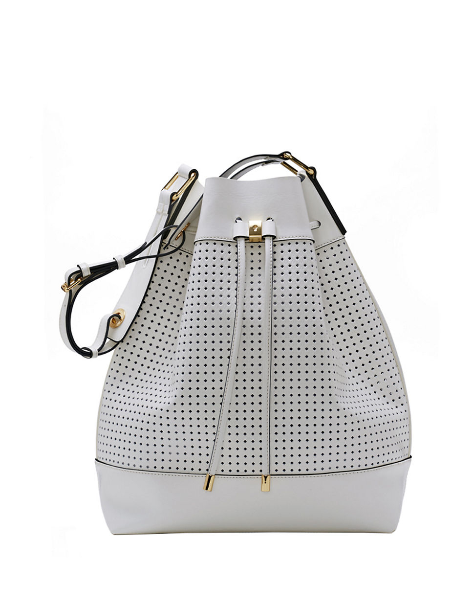 Vince Camuto Colby Perforated Leather Drawstring Bag in White | Lyst