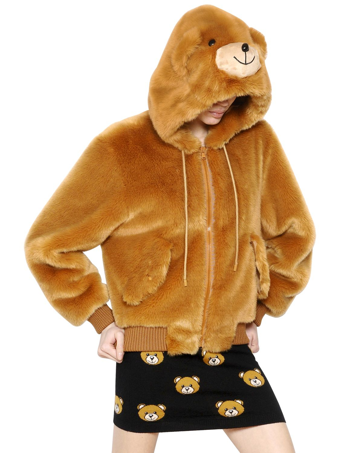 Lyst - Moschino Teddy Bear Hooded Faux Fur Bomber Jacket in Natural