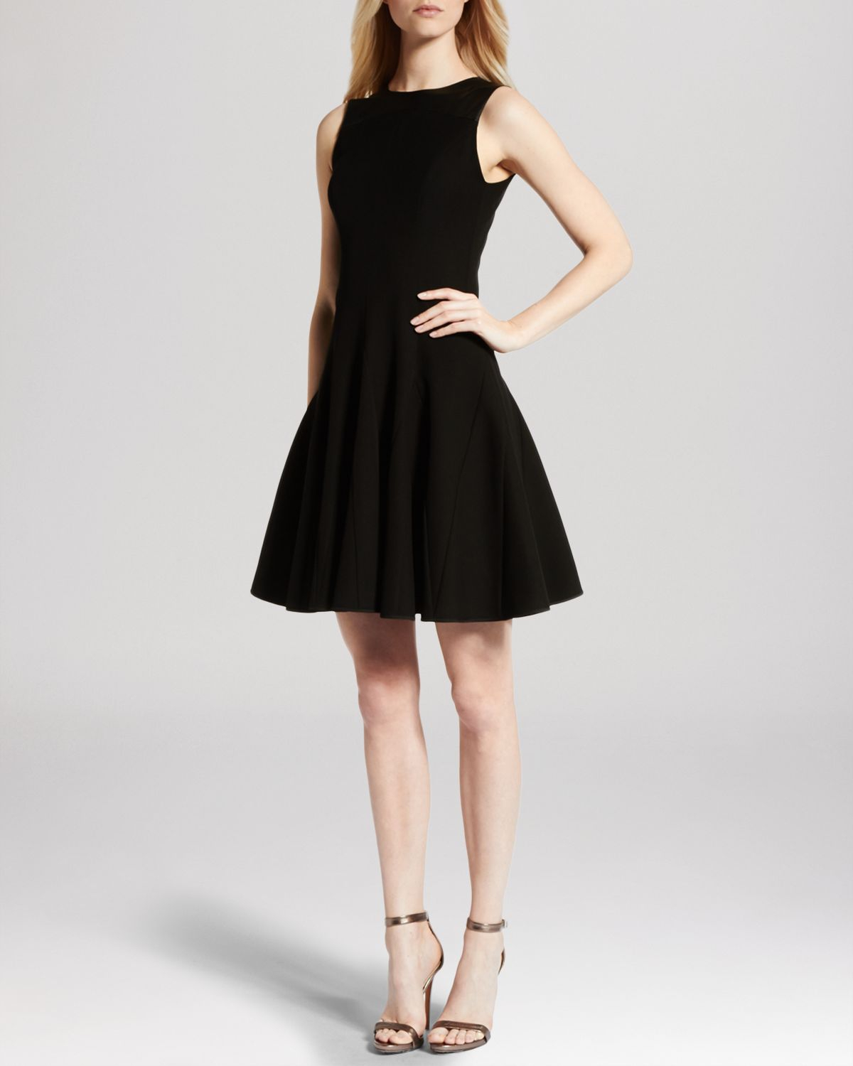 Halston Heritage Dress Sleeveless Round Neck Fit and Flare in Black | Lyst