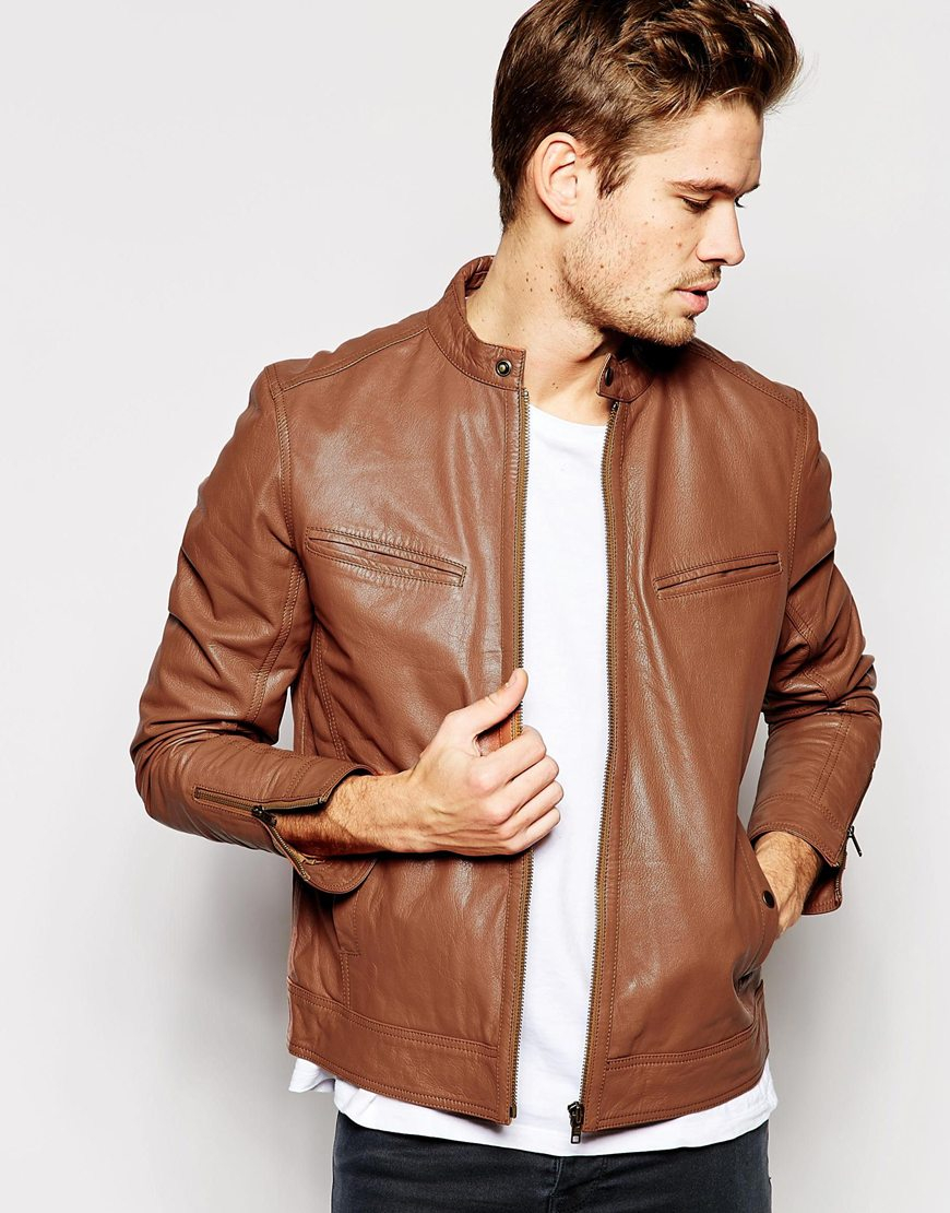 Lyst Asos Leather Biker Jacket In Brown For Men Gallery