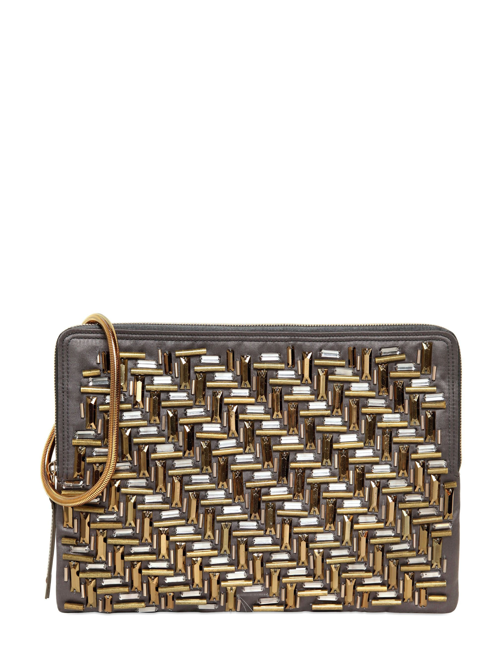 Lanvin Embroidered Satin Zipped Clutch in Metallic | Lyst