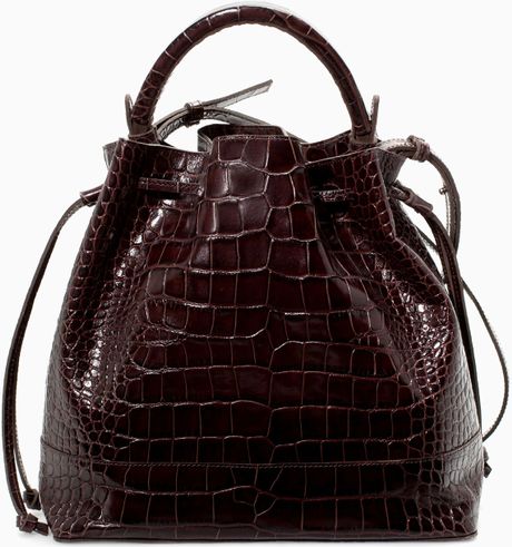 Zara Croc Leather Bucket Bag in Brown (Dark Brown) | Lyst