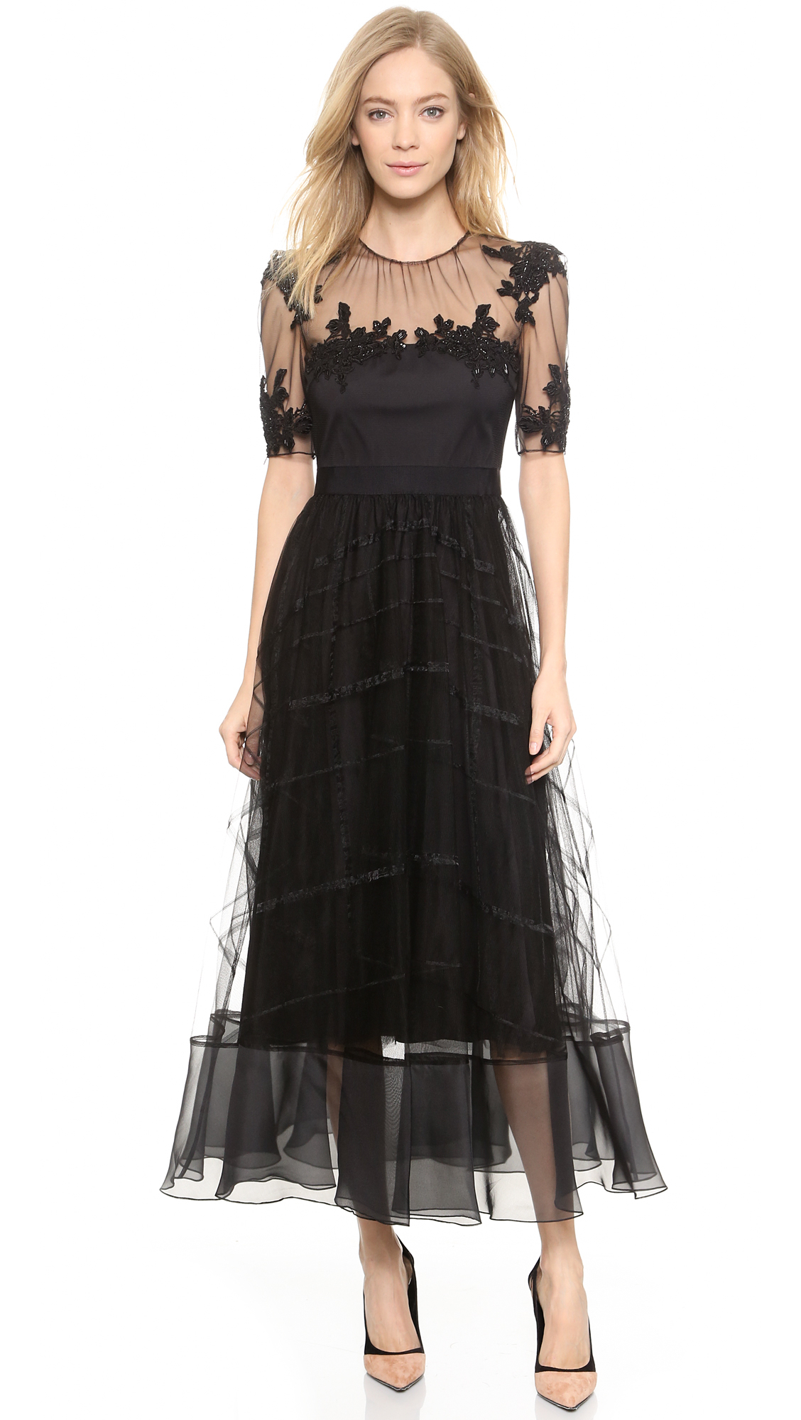 Notte by marchesa Tea Length Dress With Tulle Skirt - Black in Black | Lyst