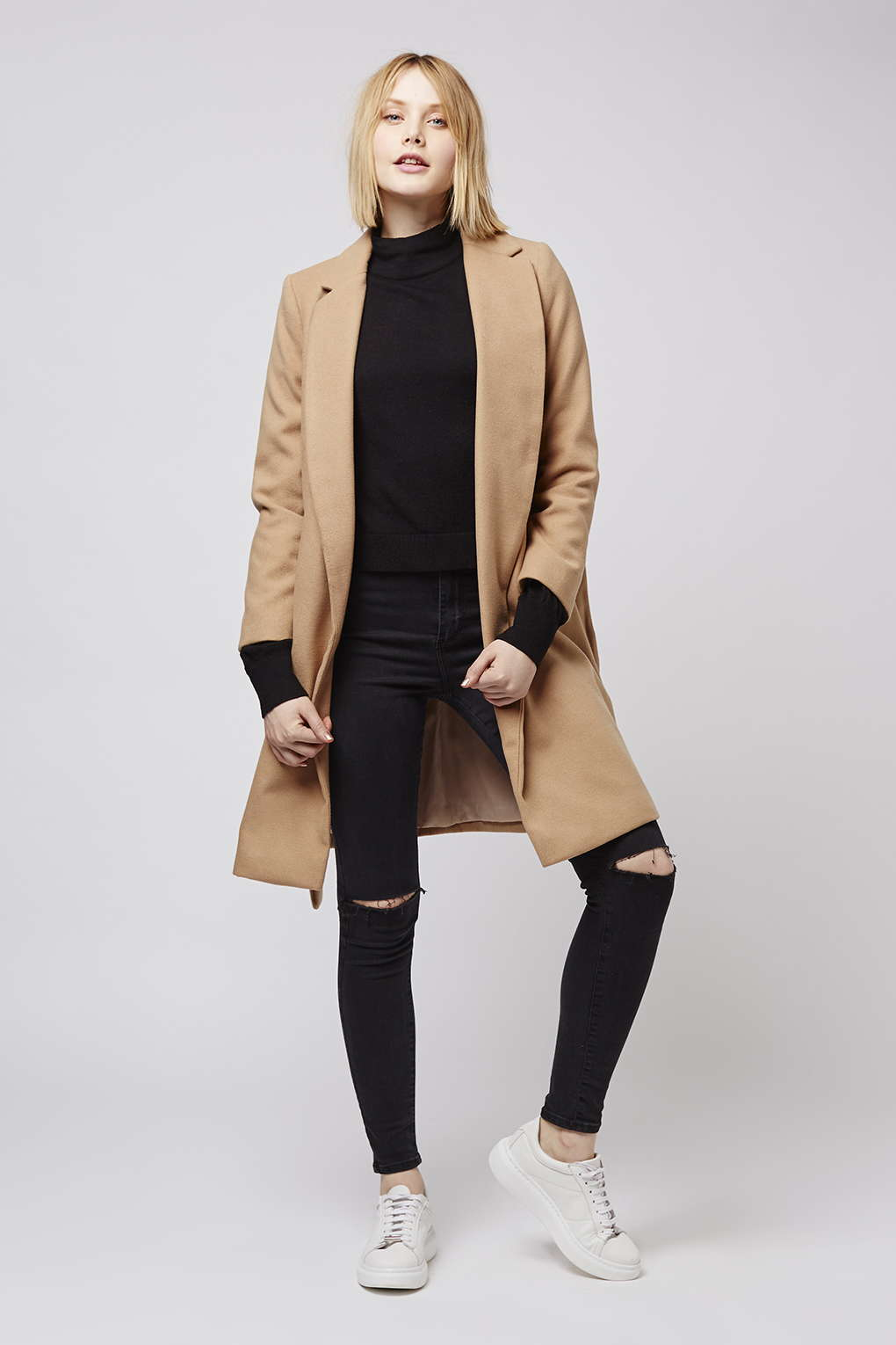 Topshop Petite Belted Coat in Natural | Lyst