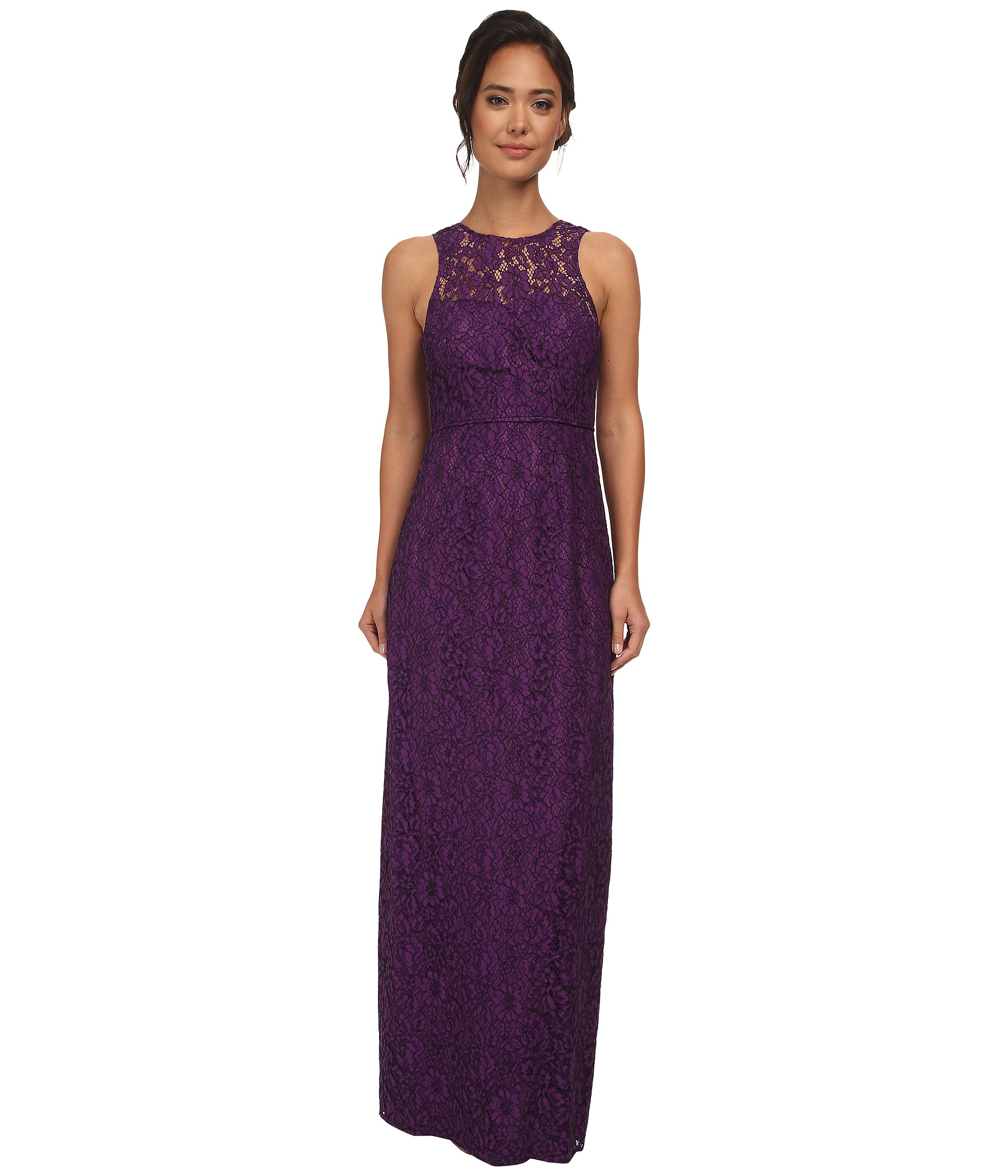 Lyst Donna Morgan Harper Long Illusion Neck Lace Dress In Purple Gallery