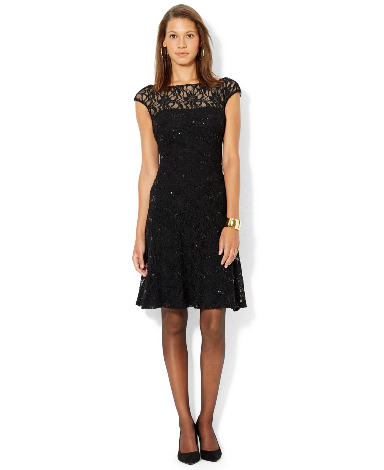 Lauren by ralph lauren Sequin-Lace V-Back Dress in Black | Lyst