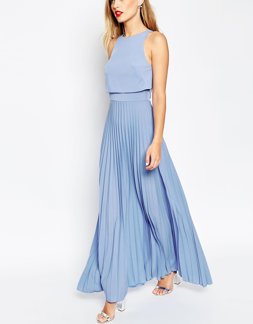 Asos Pleated Crop Top Maxi Dress in Blue | Lyst