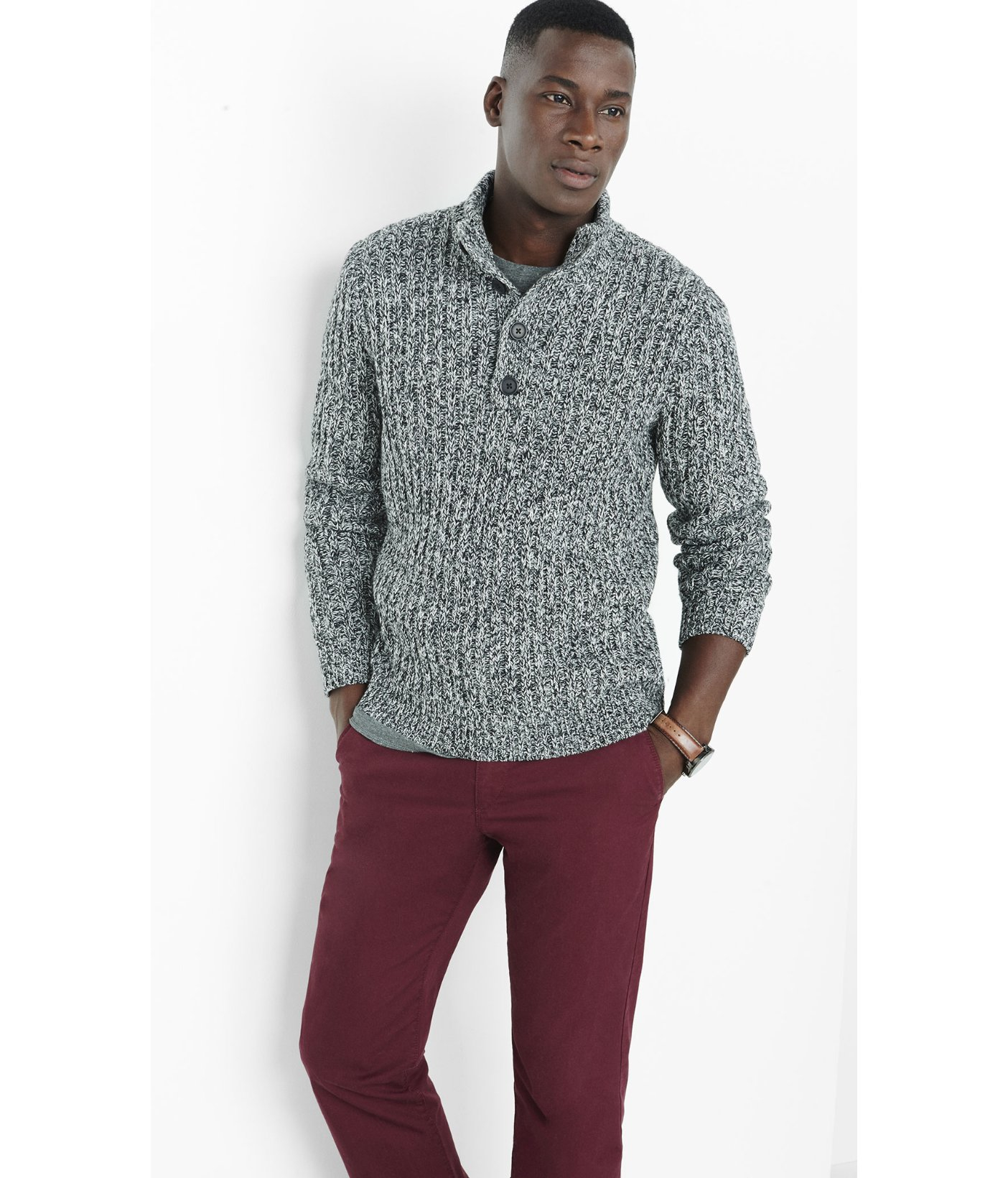 Download Express Marl Button Mock Neck Sweater in Gray for Men ...