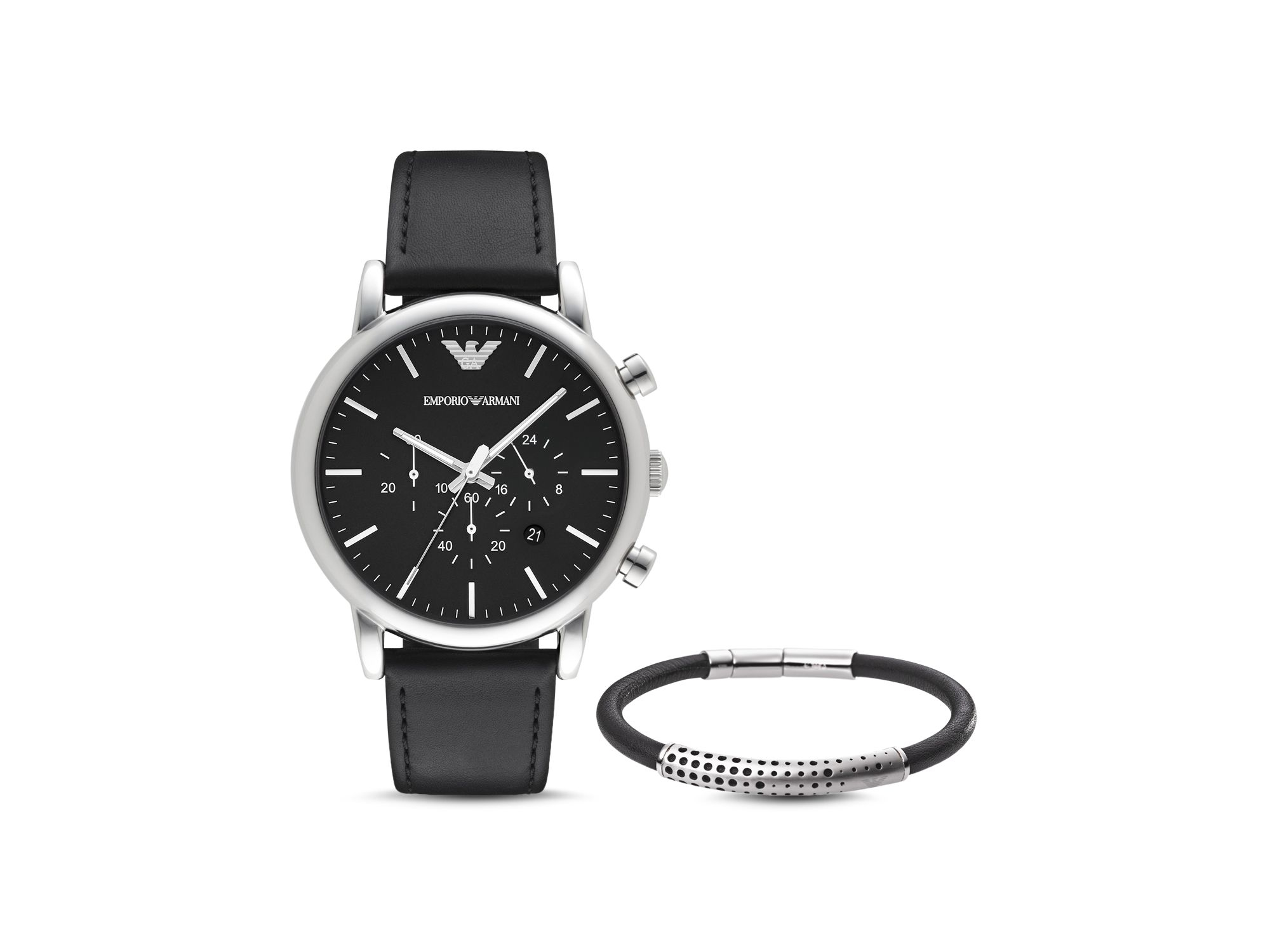 Emporio armani Leather Strap Watch, 46mm & Bracelet Set in Black for