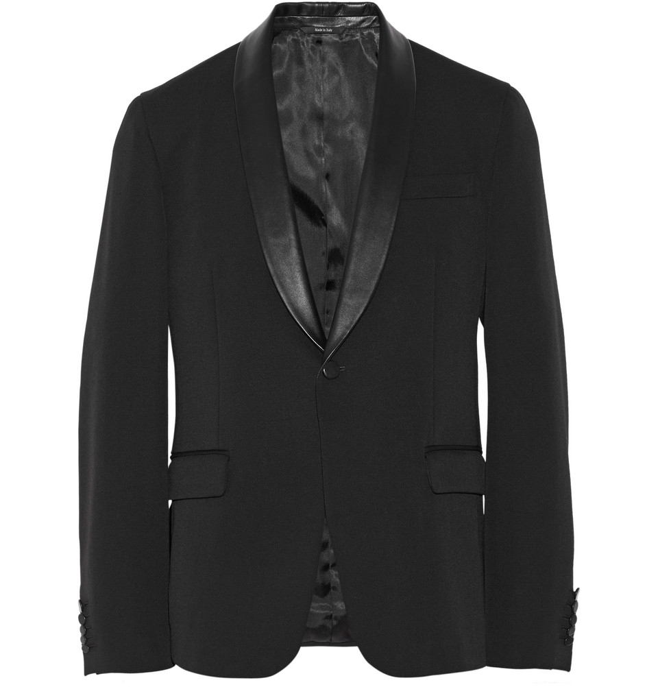Gucci Black Slim-Fit Leather-Trimmed Wool-Blend Suit Jacket in Black ...