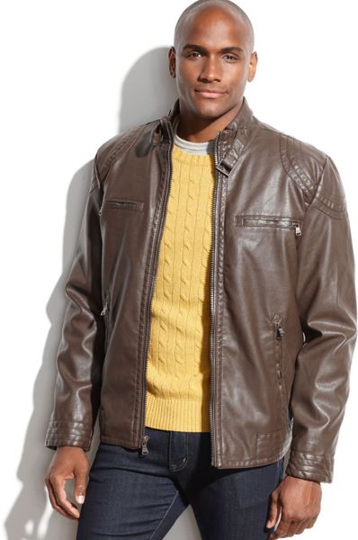 Calvin Klein Faux Leather Moto Jacket in Brown for Men | Lyst