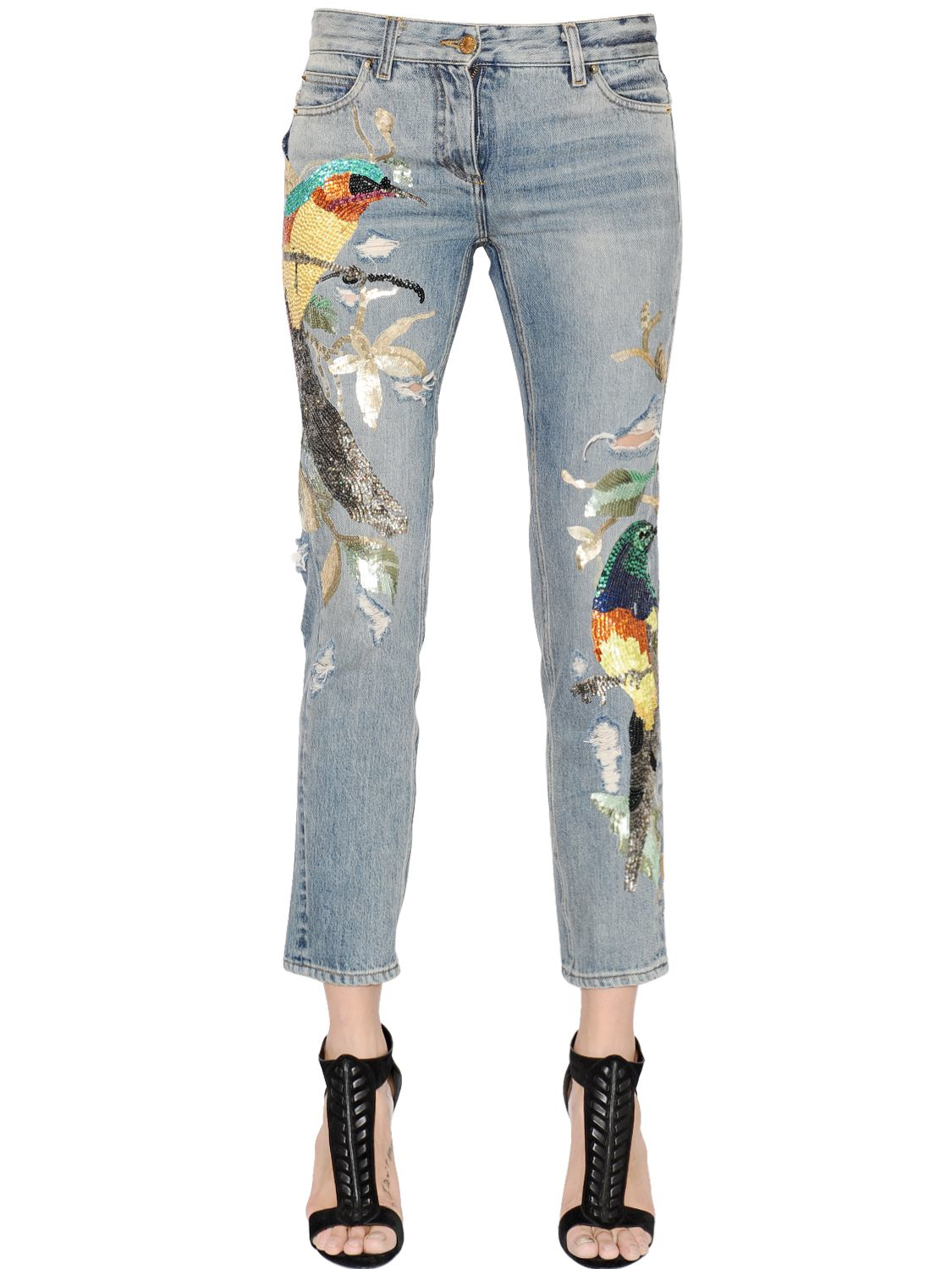 Lyst - Roberto Cavalli Sequined Birds Destroyed Denim Jeans in Blue