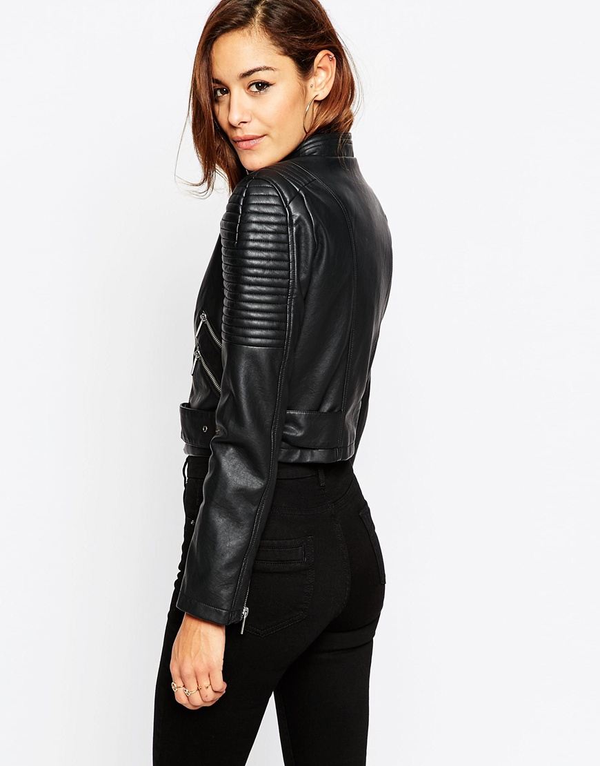 Lyst - Asos Leather Look Cropped Biker Jacket With Buckle Detail in Black