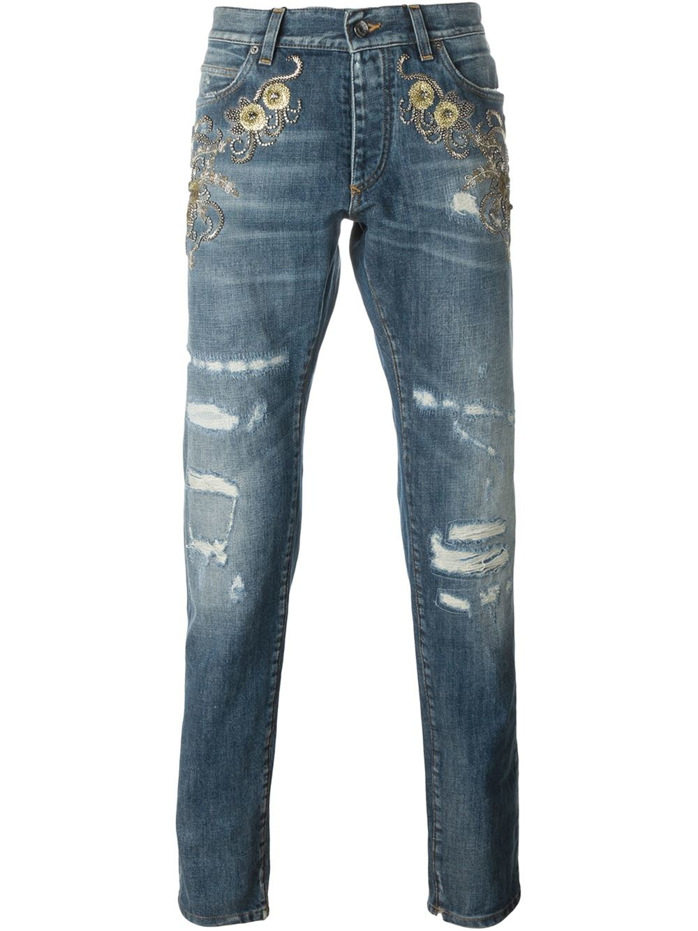 Dolce & Gabbana - Embellished Ripped Jeans - Men - Cotton/calf Leather ...