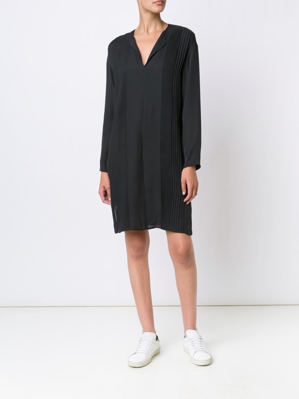 vince v neck tunic dress in black lyst vince v neck tunic dress in black lyst