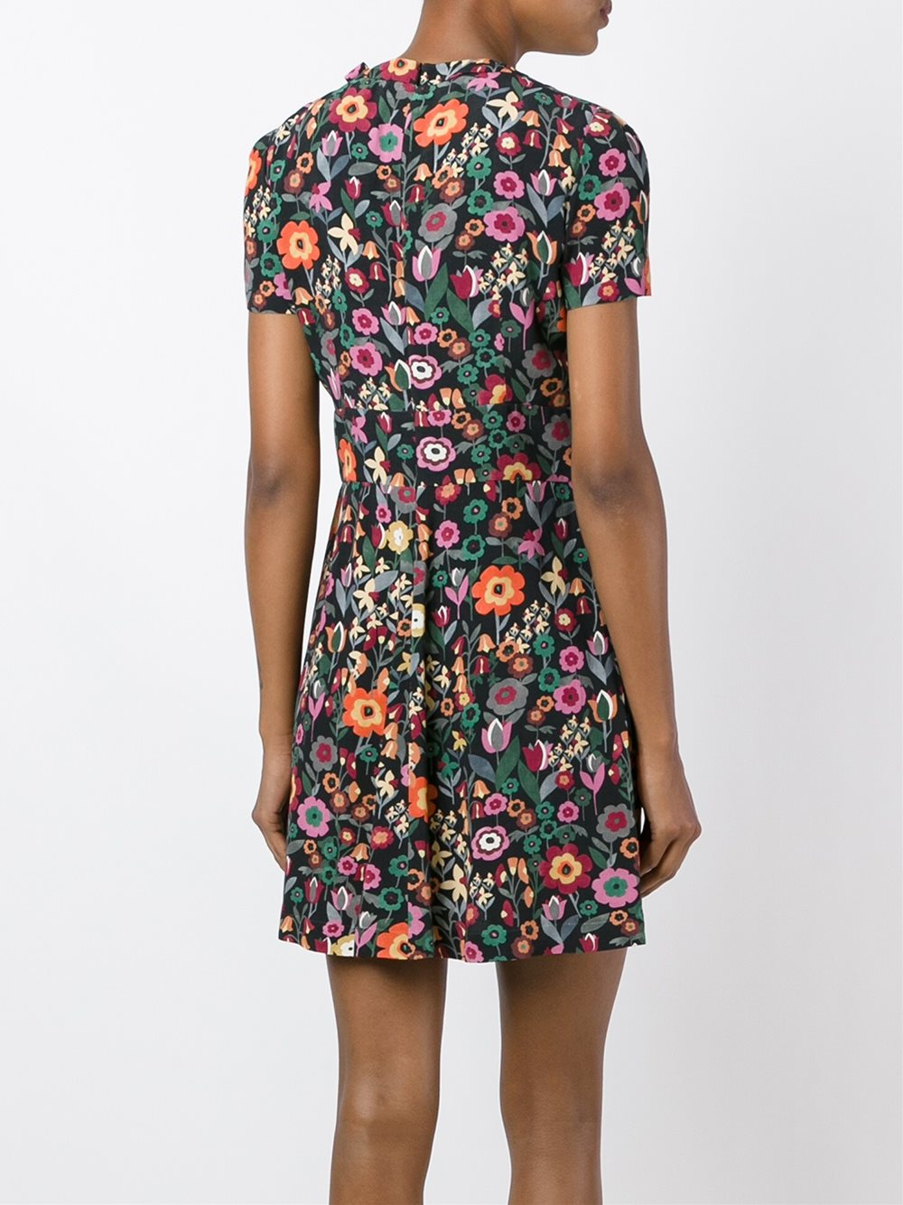 Red valentino Floral Print Shortsleeved Dress in Black | Lyst