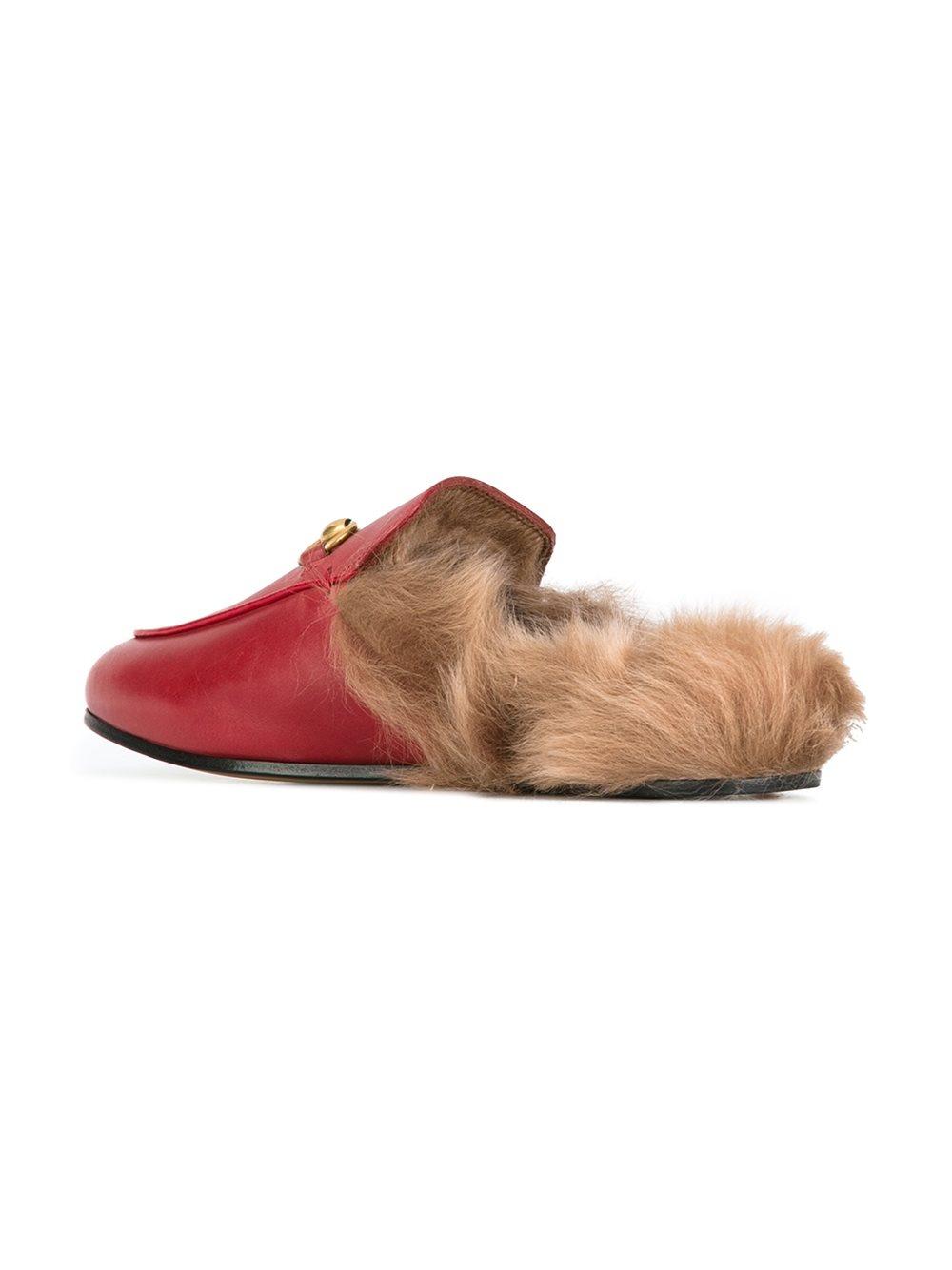 red fur mules