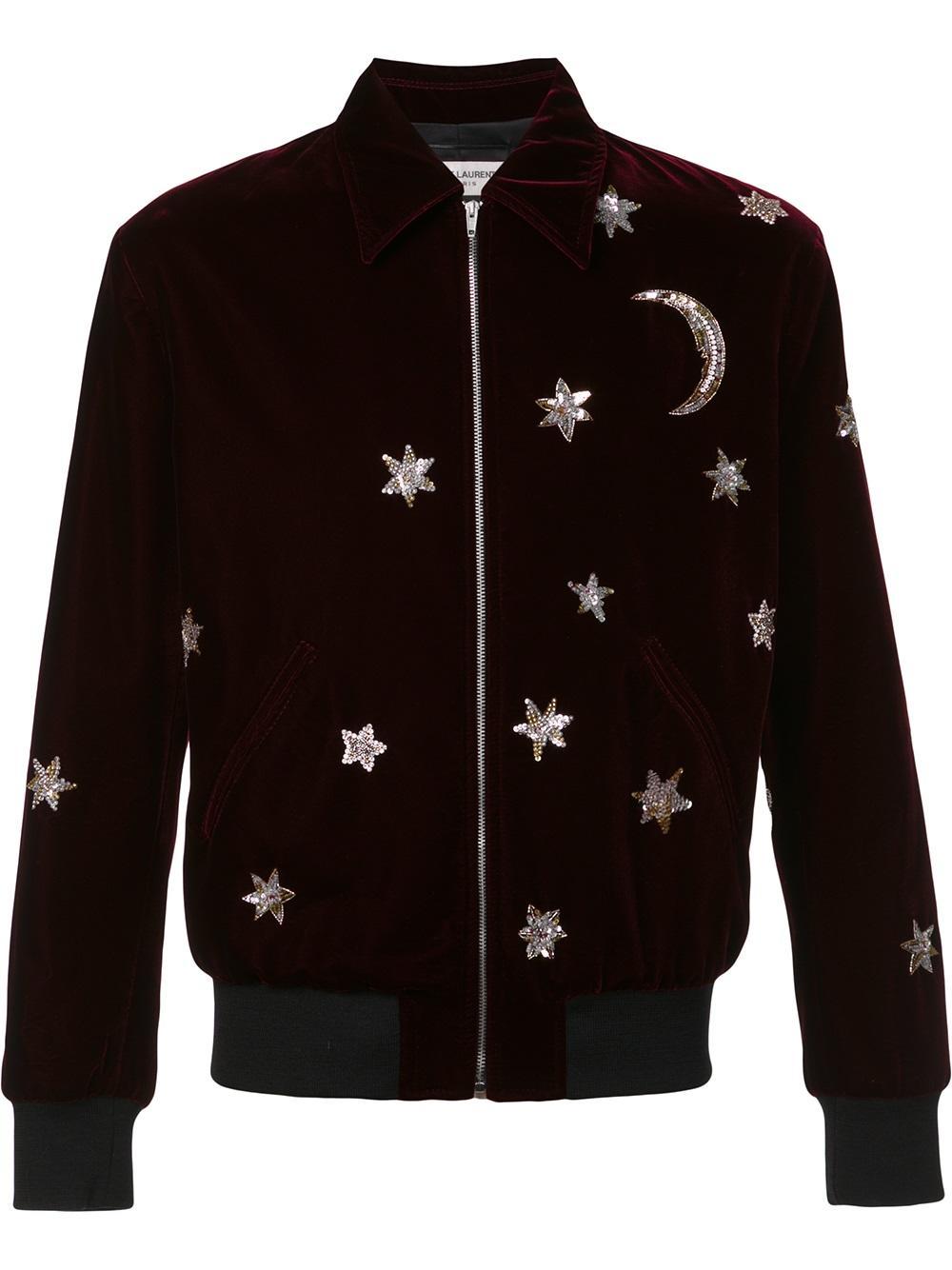 Saint Laurent Star And Moon Embellished Bomber Jacket in Red for Men - Lyst