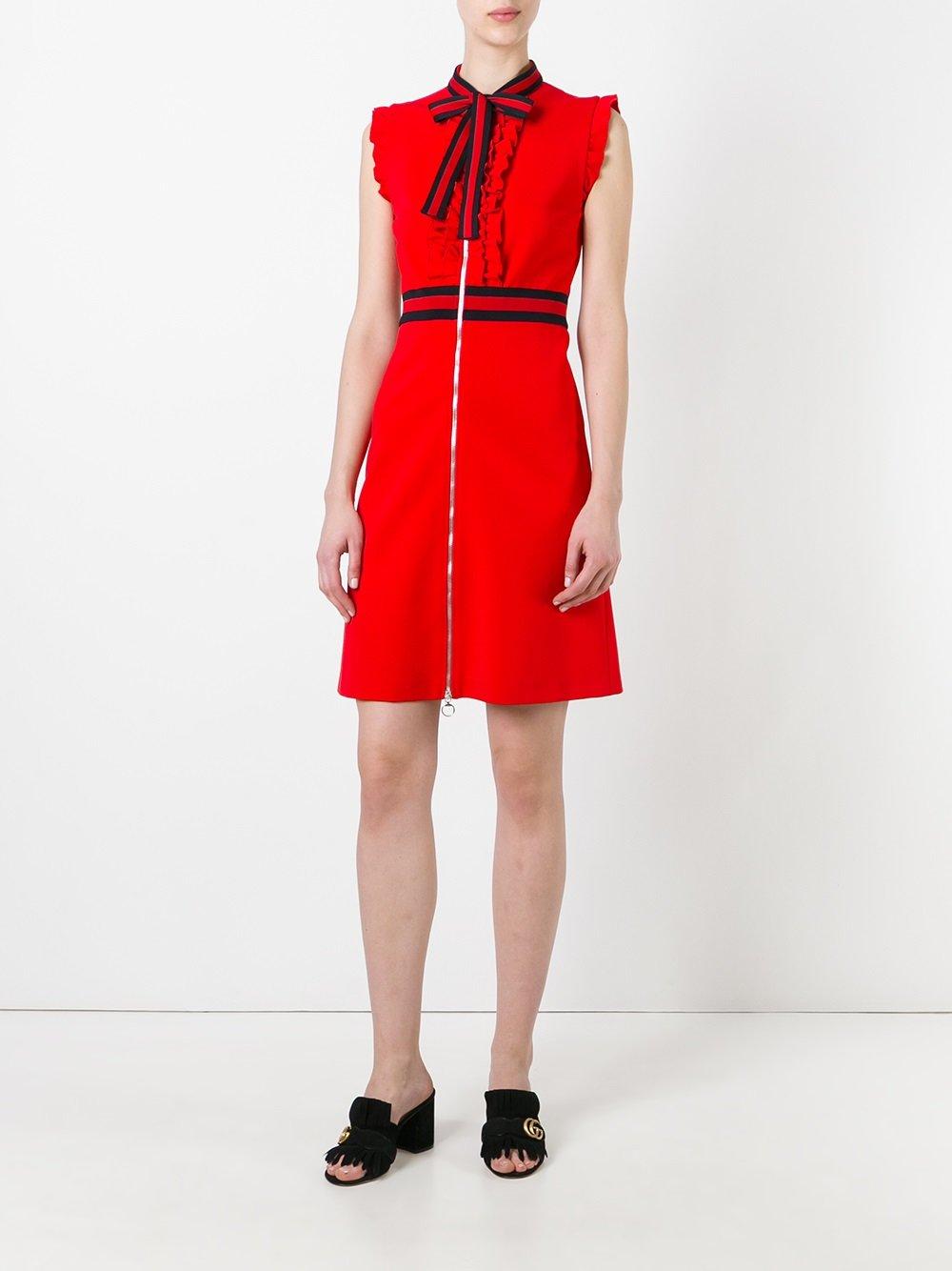 Gucci Web Trim Sleeveless Ruffled Dress in Red | Lyst