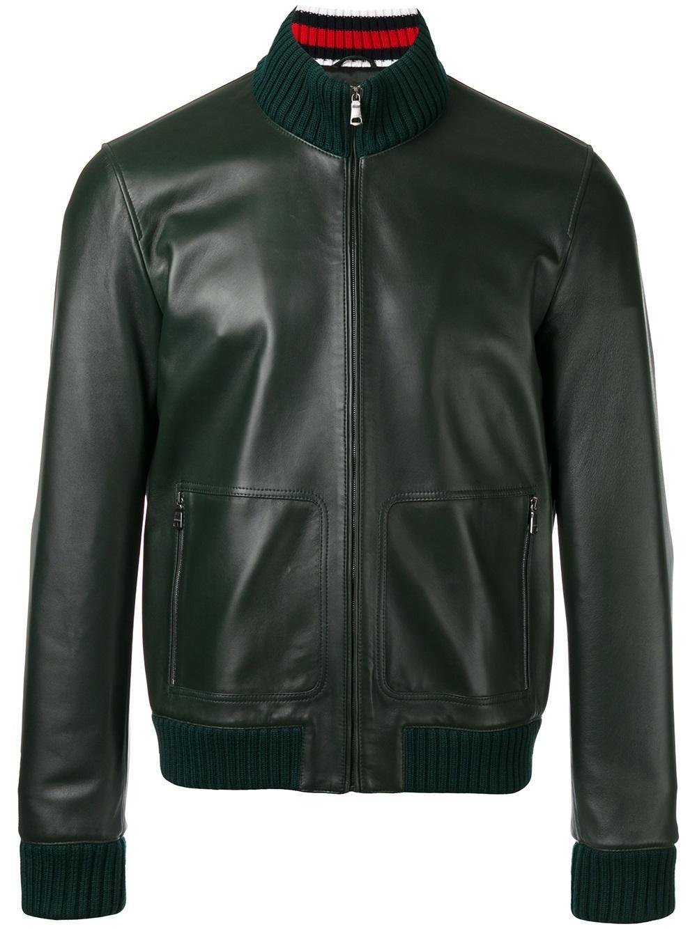 Gucci Leather Bomber Jacket In Green For Men Lyst 3278