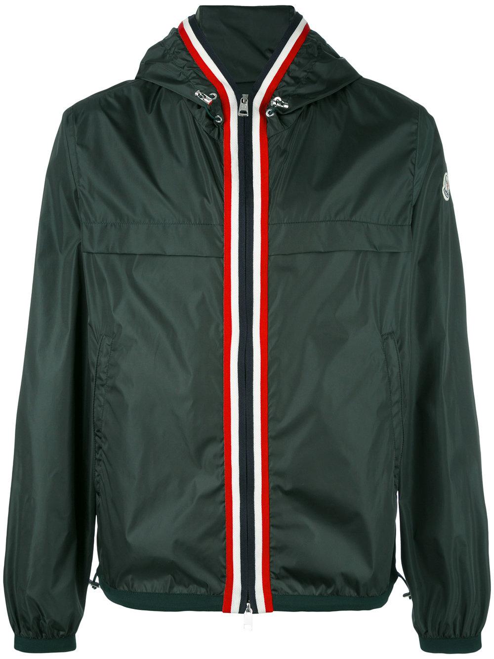 moncler striped trim hooded jacket in green for lyst moncler striped trim hooded jacket in green for lyst