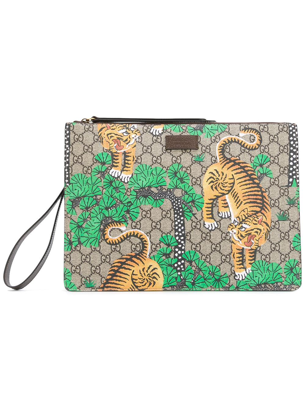 Gucci Leather Bengal Tiger Print Pouch in Green for Men - Lyst