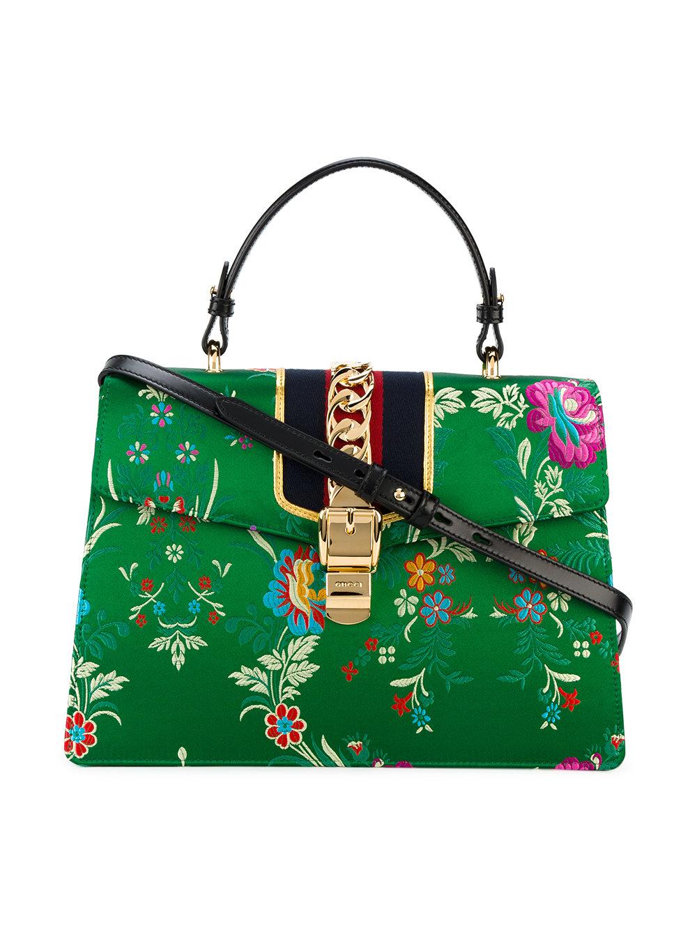 Lyst - Gucci Medium Sylvie Floral Print Bag With Top Handle in Green