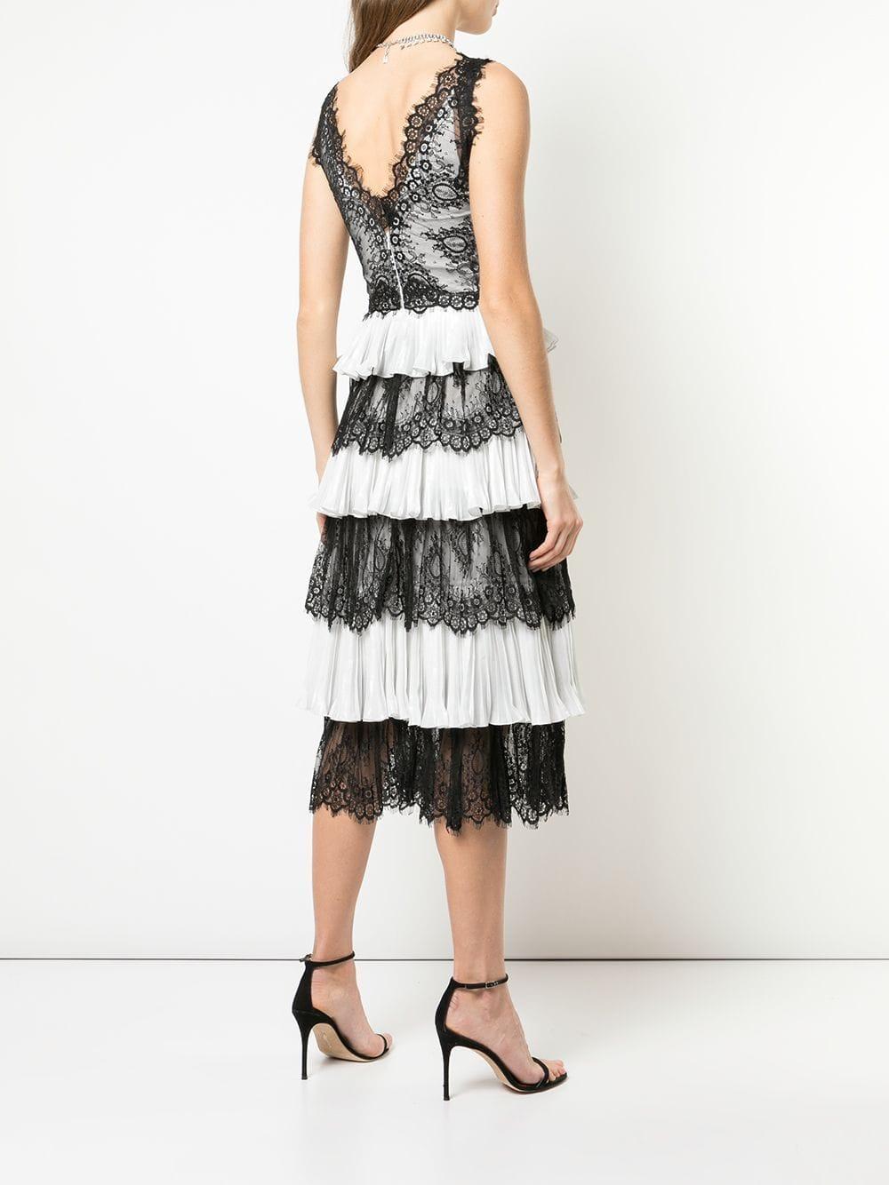 Marchesa notte Lace Panelled Tiered Midi Dress in Black - Lyst