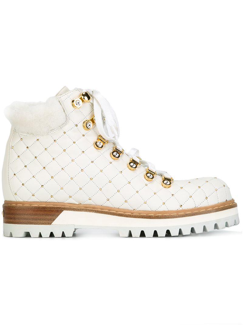 Lyst - Le Silla Studded Leather and Camel Fur Hiking Boots in White