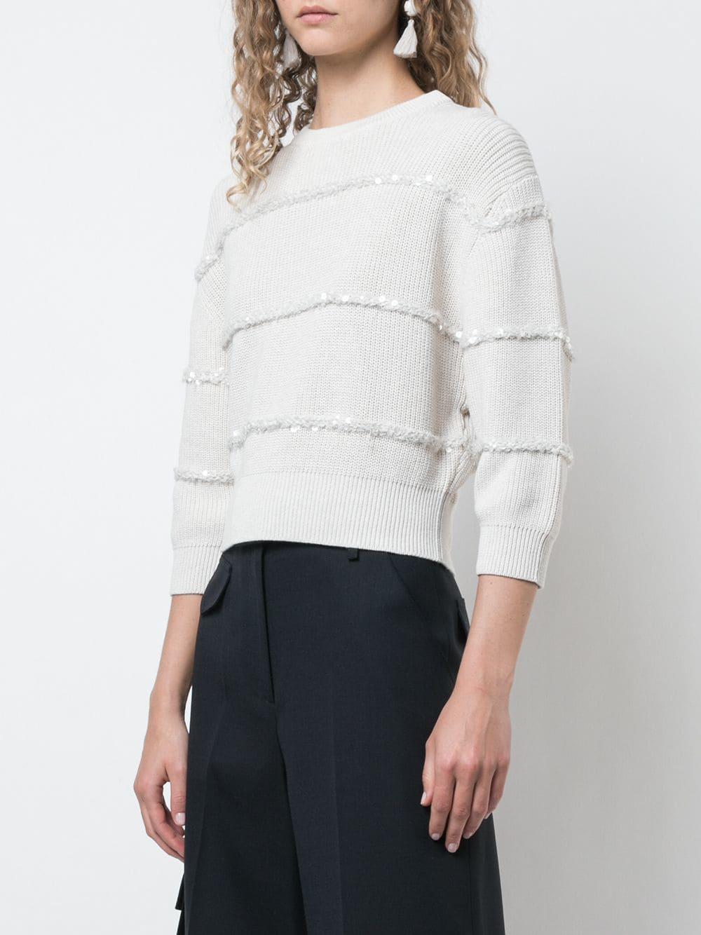 Brunello Cucinelli Cotton Cropped Sequin Stripe Sweater in White - Lyst