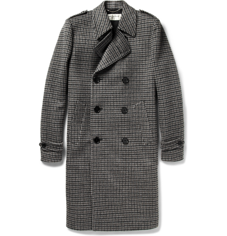 Saint laurent Houndstooth Brushedwool Overcoat in Black for Men | Lyst