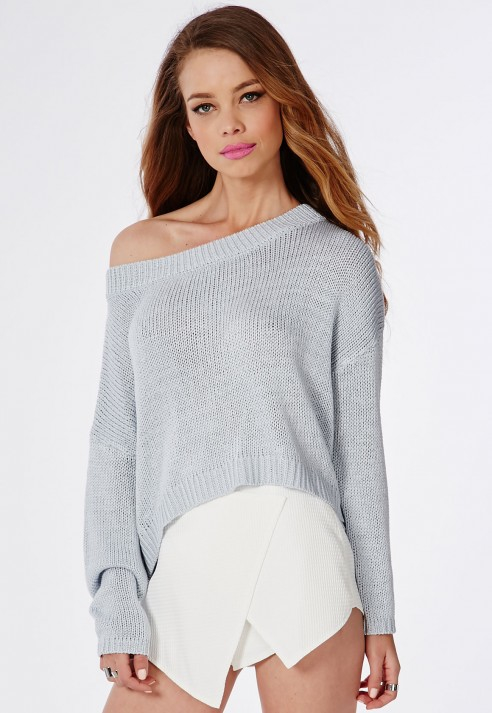 Lyst - Missguided Slouch Off Shoulder Knitted Crop Sweater Pale Blue in ...