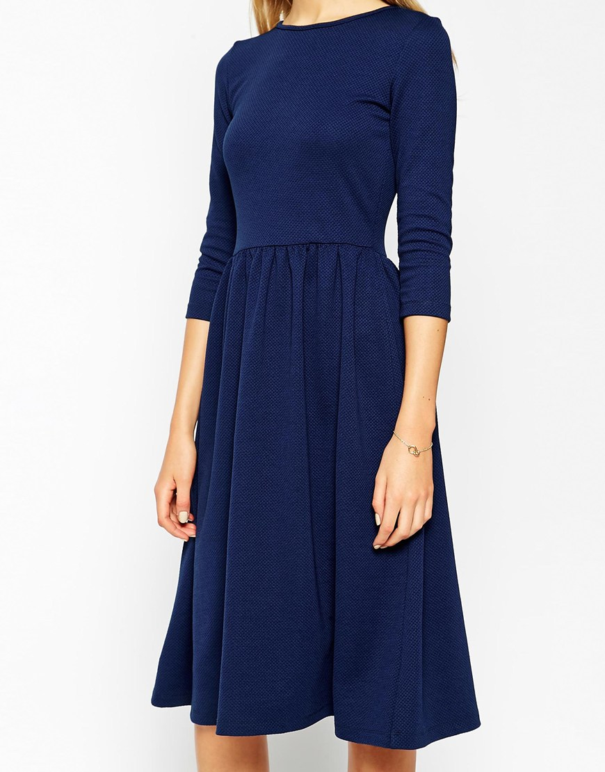 Lyst - Asos Midi Skater Dress In Texture With 3/4 Sleeves in Blue