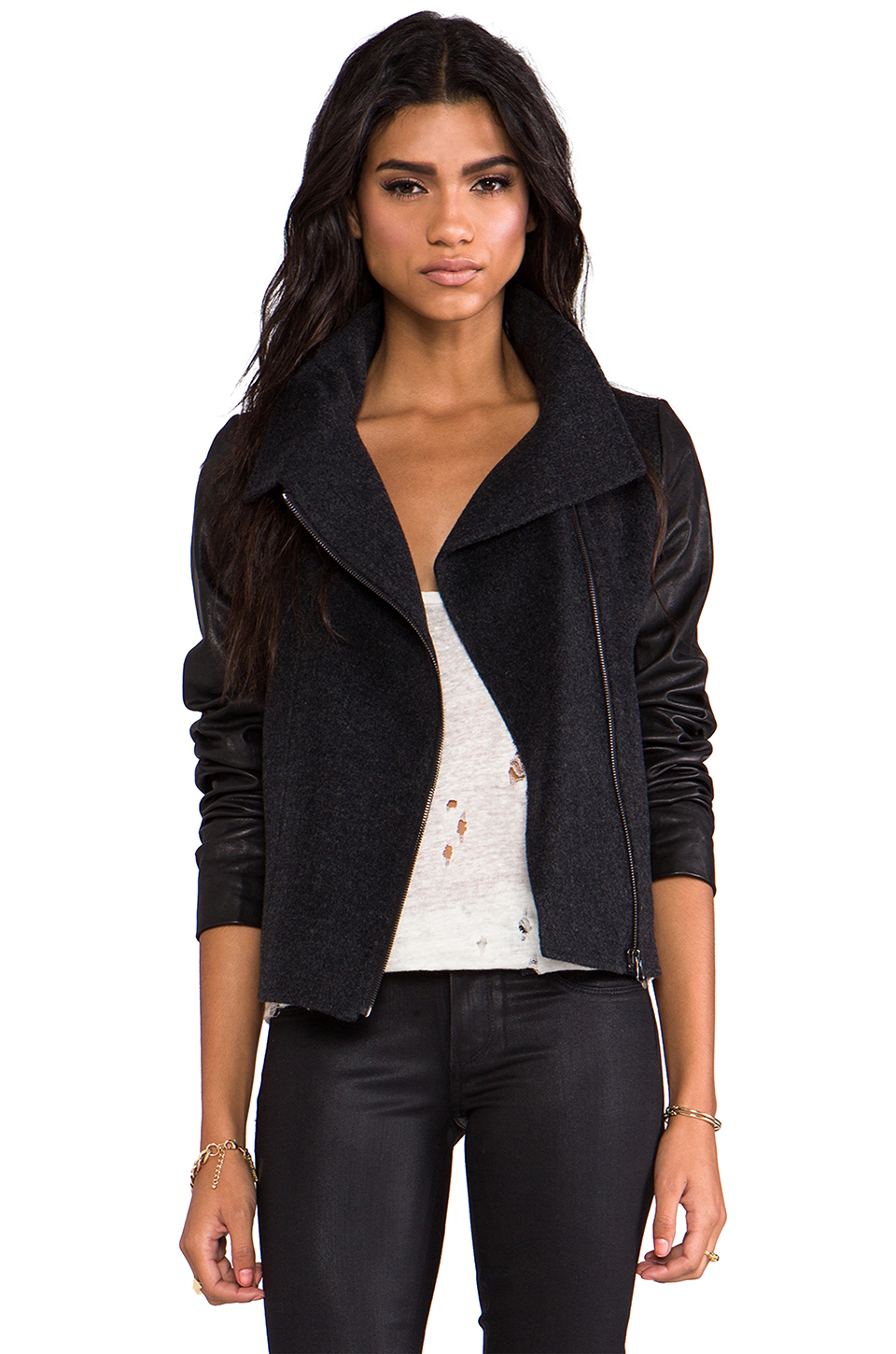 Lyst - Vince Funnel Neck Jacket with Leather Sleeves in Charcoal in Gray